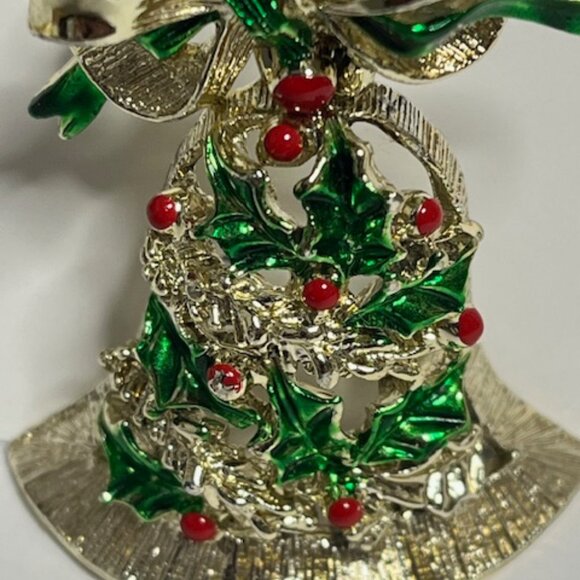 VTG Gerry's Christmas Holiday Bell Gold Tone Red Green Movable Bow Brooch Pin 2" - Picture 4 of 15